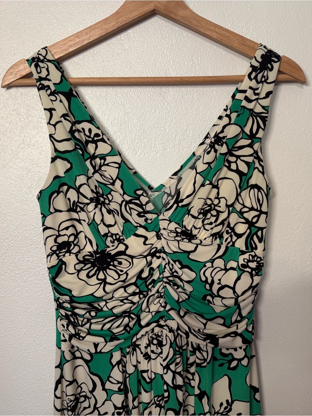 Bisou Bisou Green & Ivory Floral Print Y2K Midi Dress Ruche Detail Womens Size 8 - Picture 4 of 16